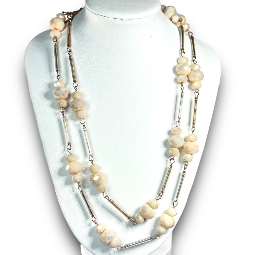 Double-Strand Beaded Necklace With Cream Faceted Beads & Silver-Tone Bars By NY
